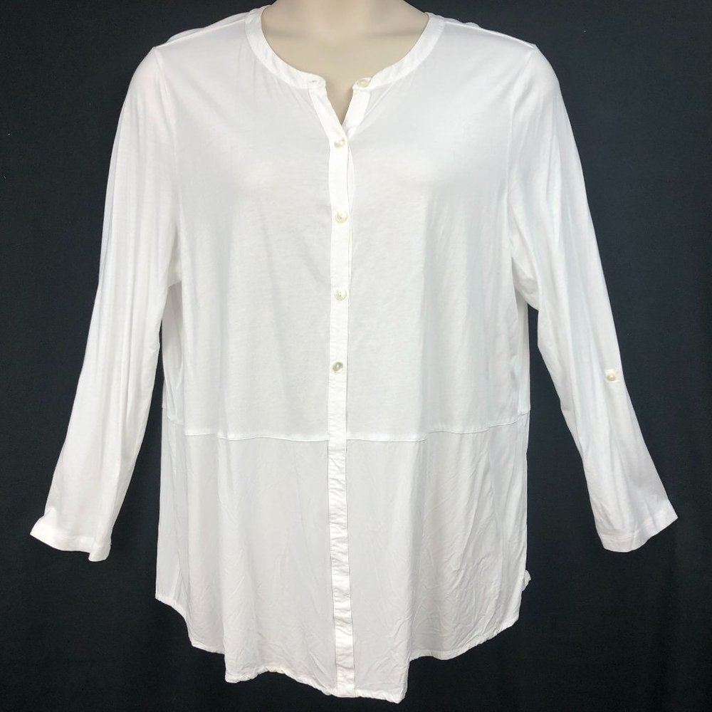 J Jill Womens XL White Mixed Knit Notch Neck Button Front Tunic Top 3/4 or Long